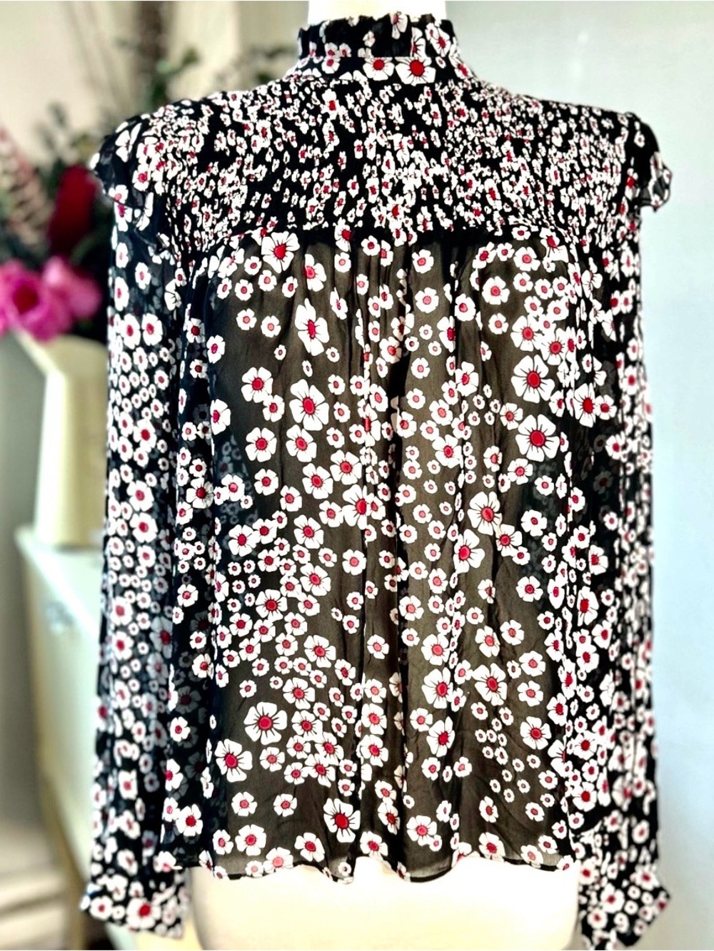 The Kooples Daisy Print Smocked Peplum Blouse Black Red NWT Small